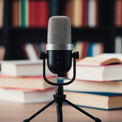 A microphone on a desk in front of books.